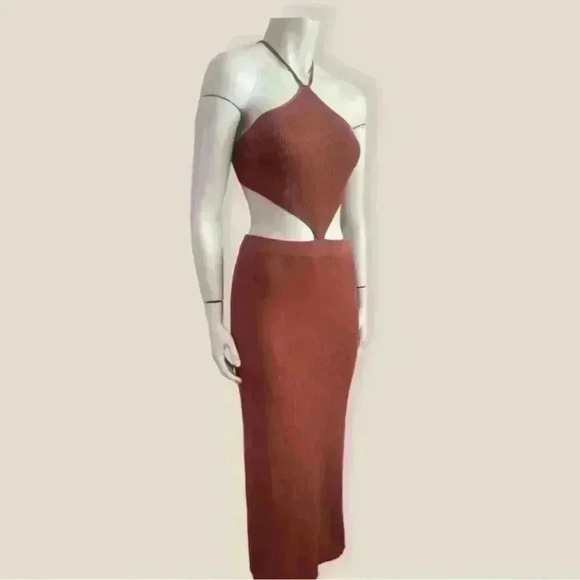 MY GIRL Cutout Knit Midi Dress-Halter, Backless, Rust Brown - Sexy Summer Dress - Picture 5 of 13